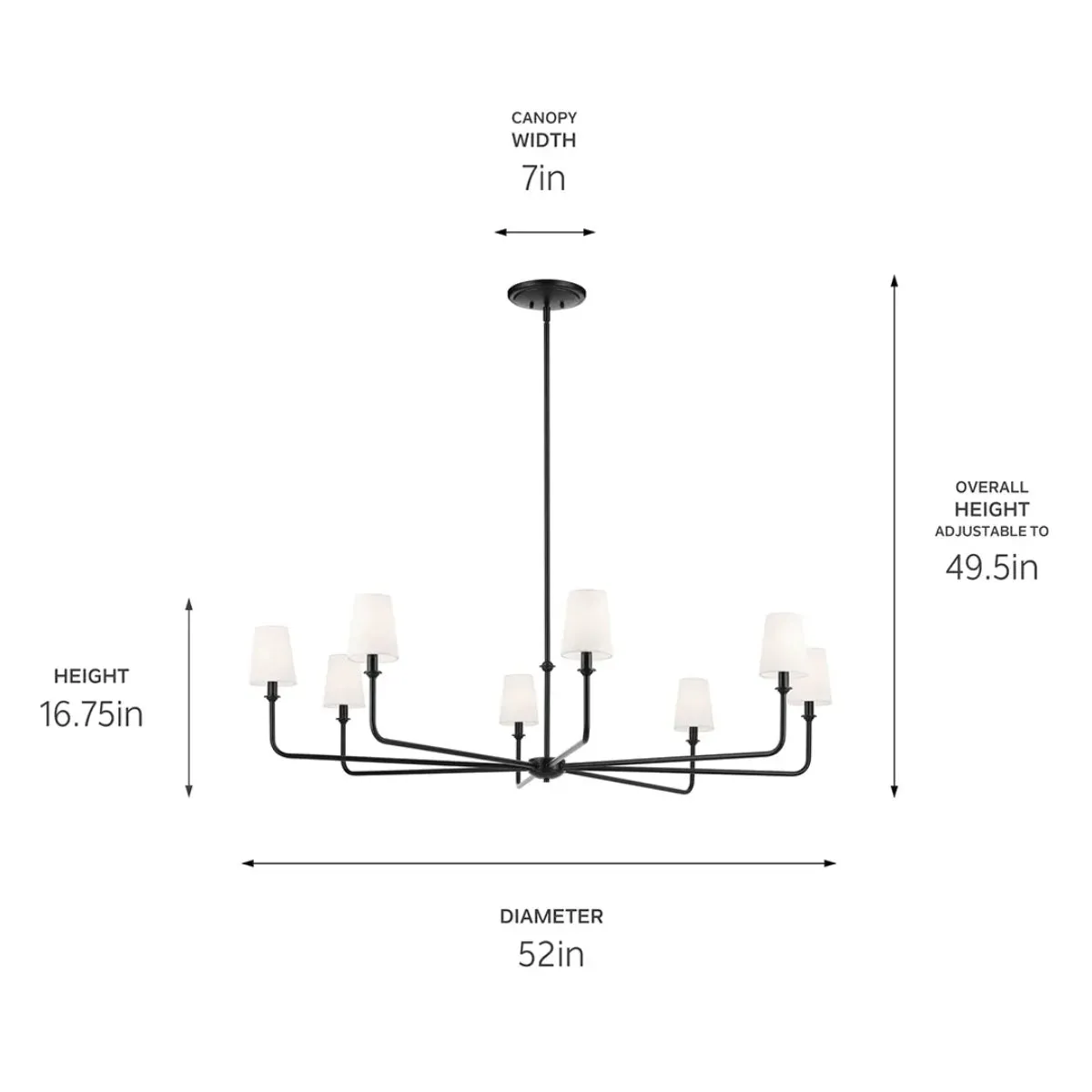 Pallas 52" 8-Light Chandelier with Fabric Tapered Shade, Black Finish