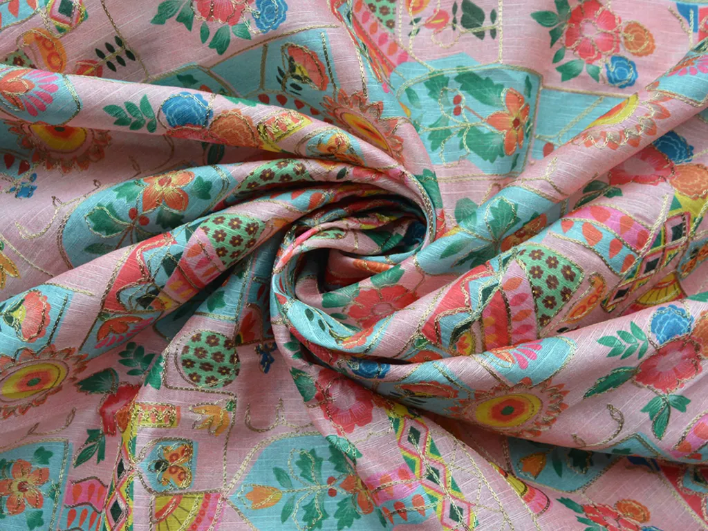 Precut of 1.5 Meter Baby Pink Traditional Digital Print Heavy Zari Embroidered Mulberry Silk Fabric