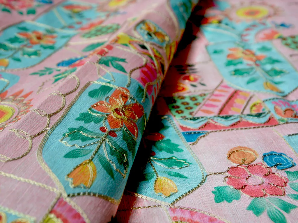 Precut of 1.5 Meter Baby Pink Traditional Digital Print Heavy Zari Embroidered Mulberry Silk Fabric