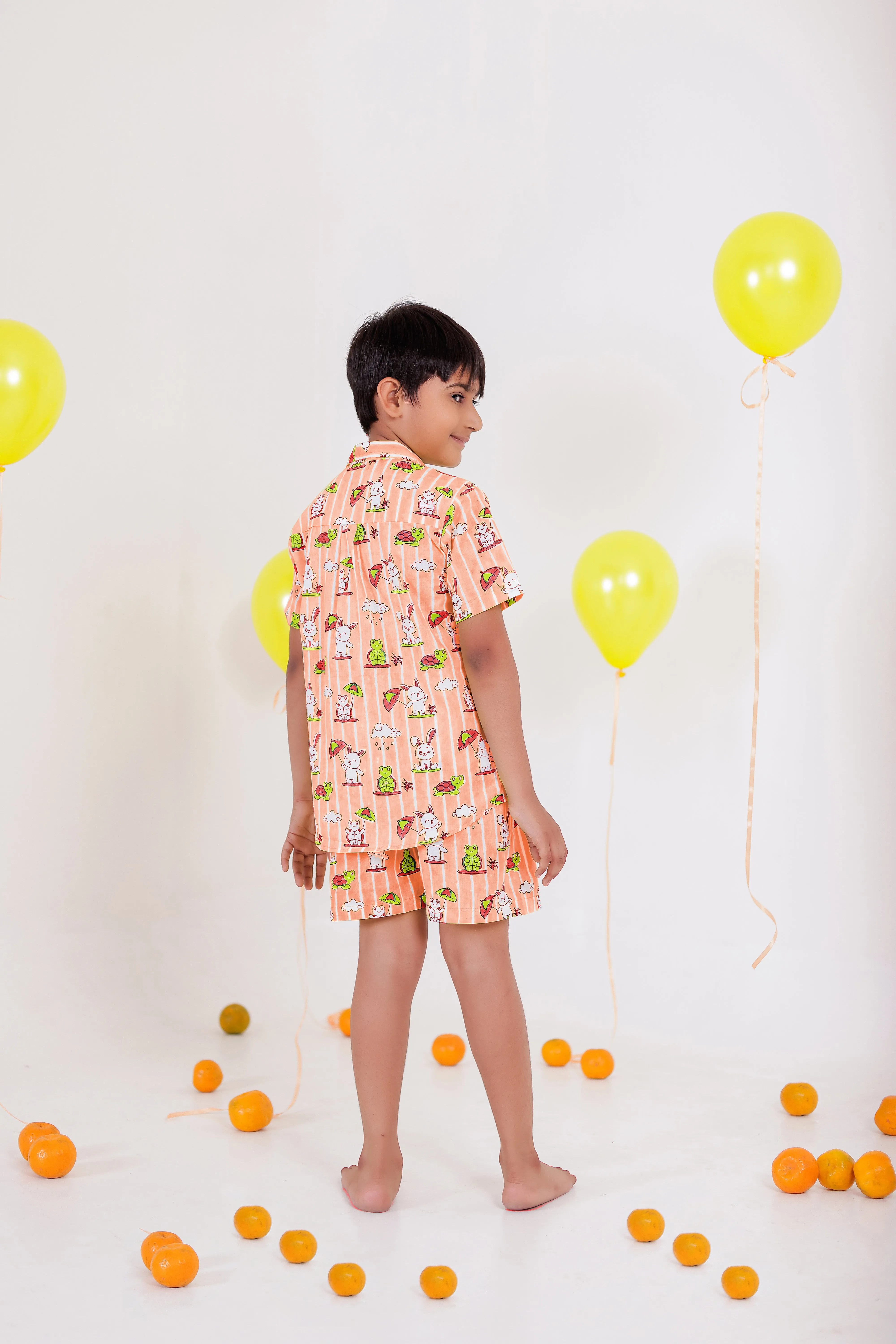 Rabbit and Turtle Peach  cotton Co-ord Set for Boys | Handblock Printed Boys Outfits | shirt and short set for kids