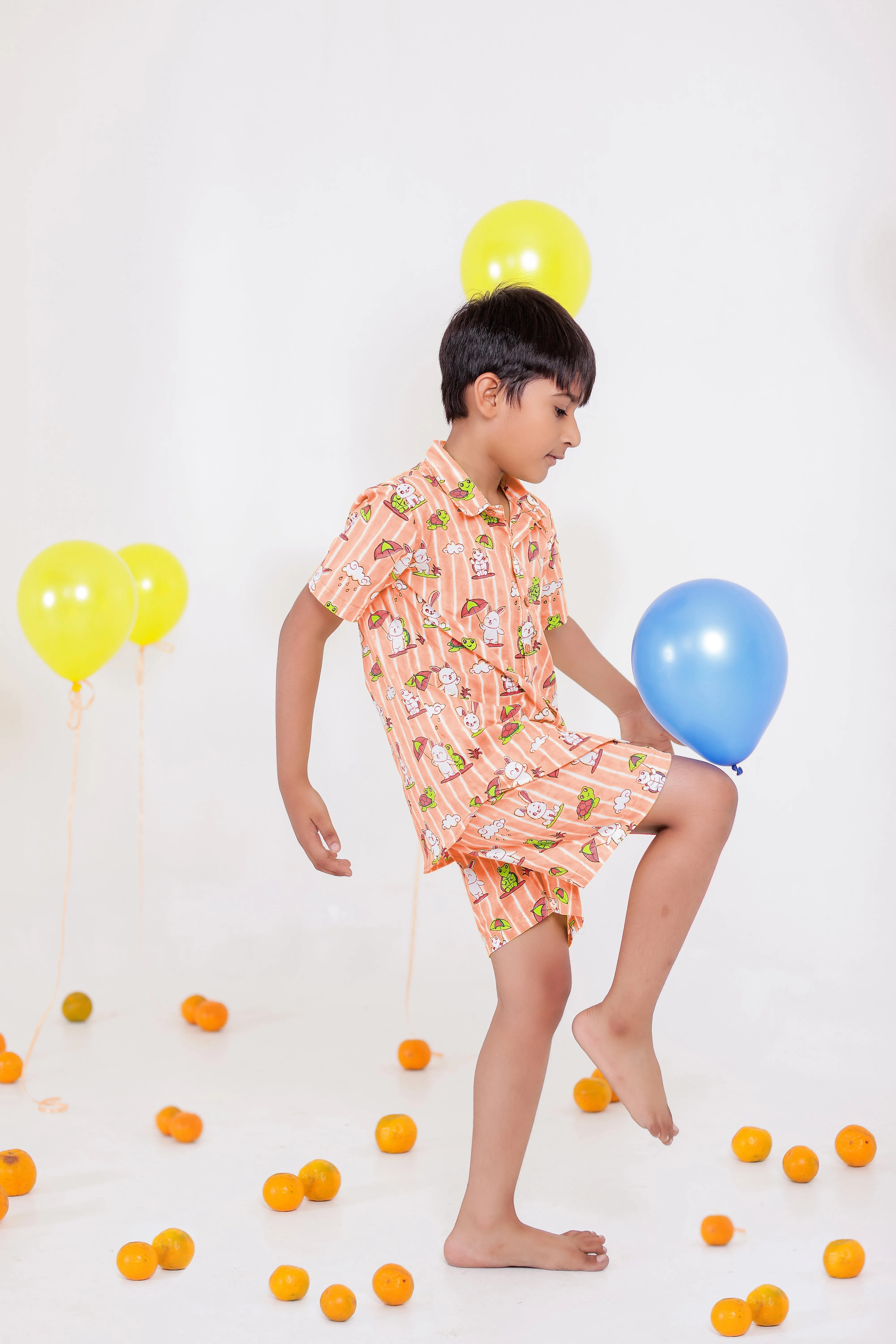 Rabbit and Turtle Peach  cotton Co-ord Set for Boys | Handblock Printed Boys Outfits | shirt and short set for kids