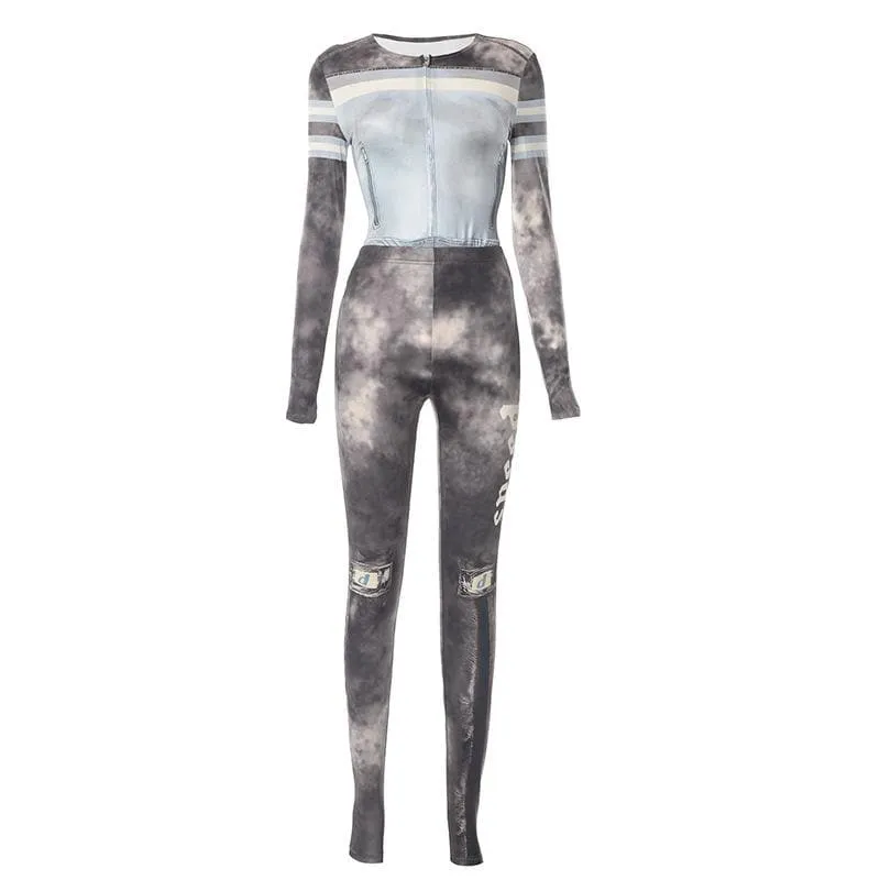 Tie dye contrast long sleeve gloves zip-up pant set