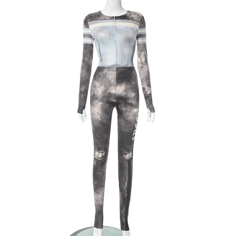 Tie dye contrast long sleeve gloves zip-up pant set