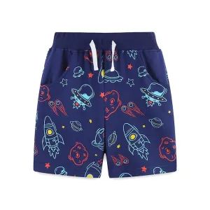 Toddler/Kid Boy's Blue Cotton Shorts with Cartoon Rocket Print Design