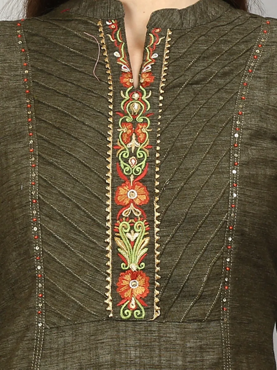Women Olive Green Solid Kurta Trouser Dupatta