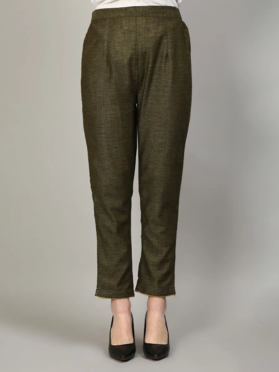 Women Olive Green Solid Kurta Trouser Dupatta