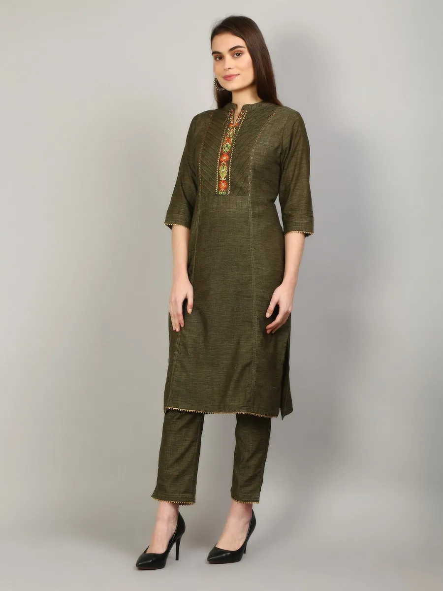 Women Olive Green Solid Kurta Trouser Dupatta
