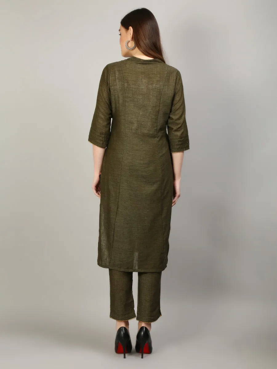 Women Olive Green Solid Kurta Trouser Dupatta