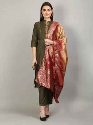 Women Olive Green Solid Kurta Trouser Dupatta