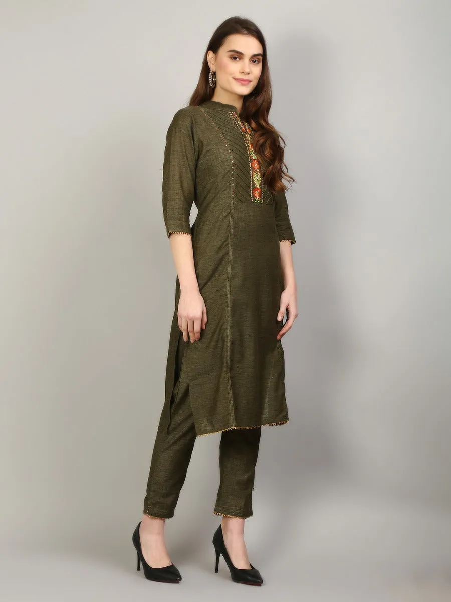 Women Olive Green Solid Kurta Trouser Dupatta