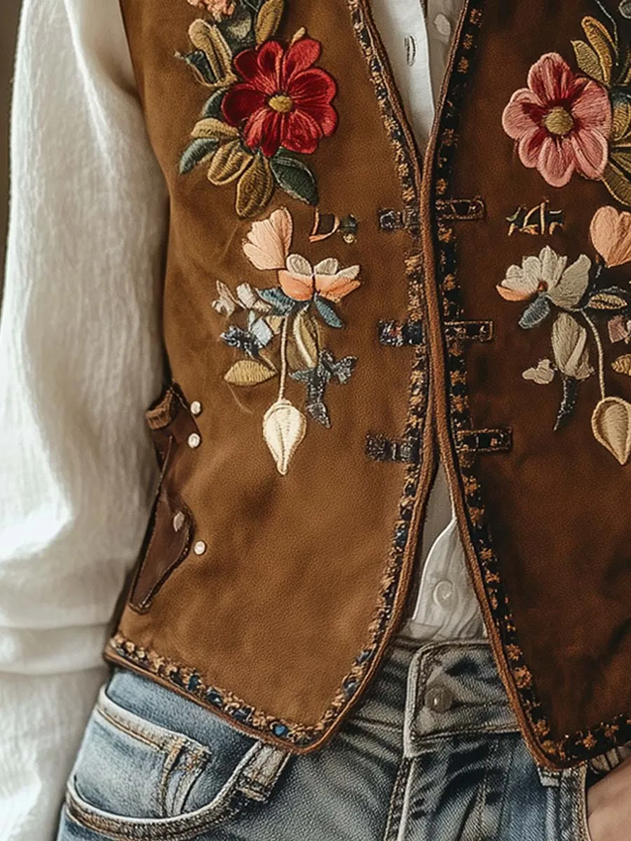 Women's Vintage Suede Floral Embroidered Vest