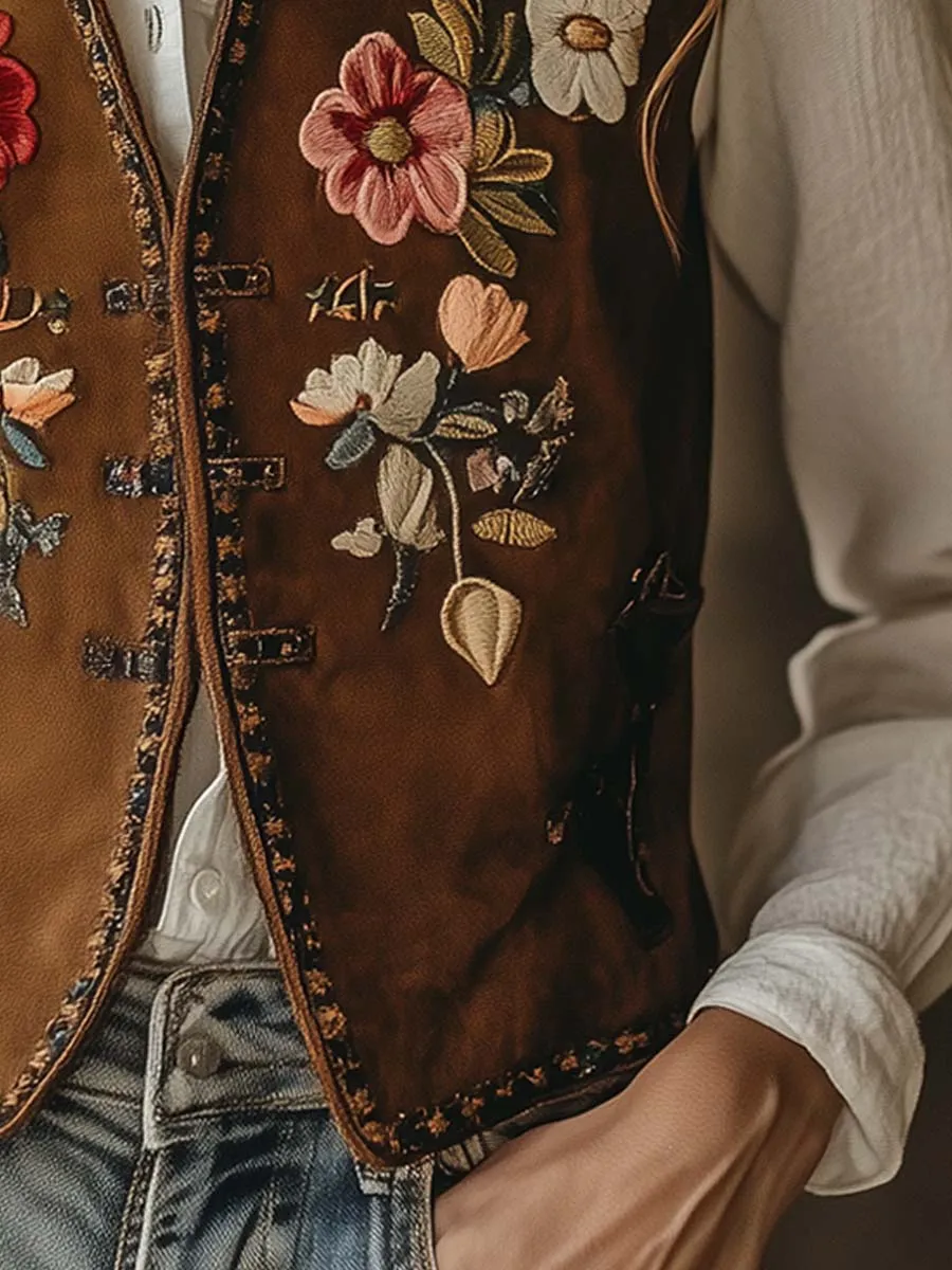 Women's Vintage Suede Floral Embroidered Vest