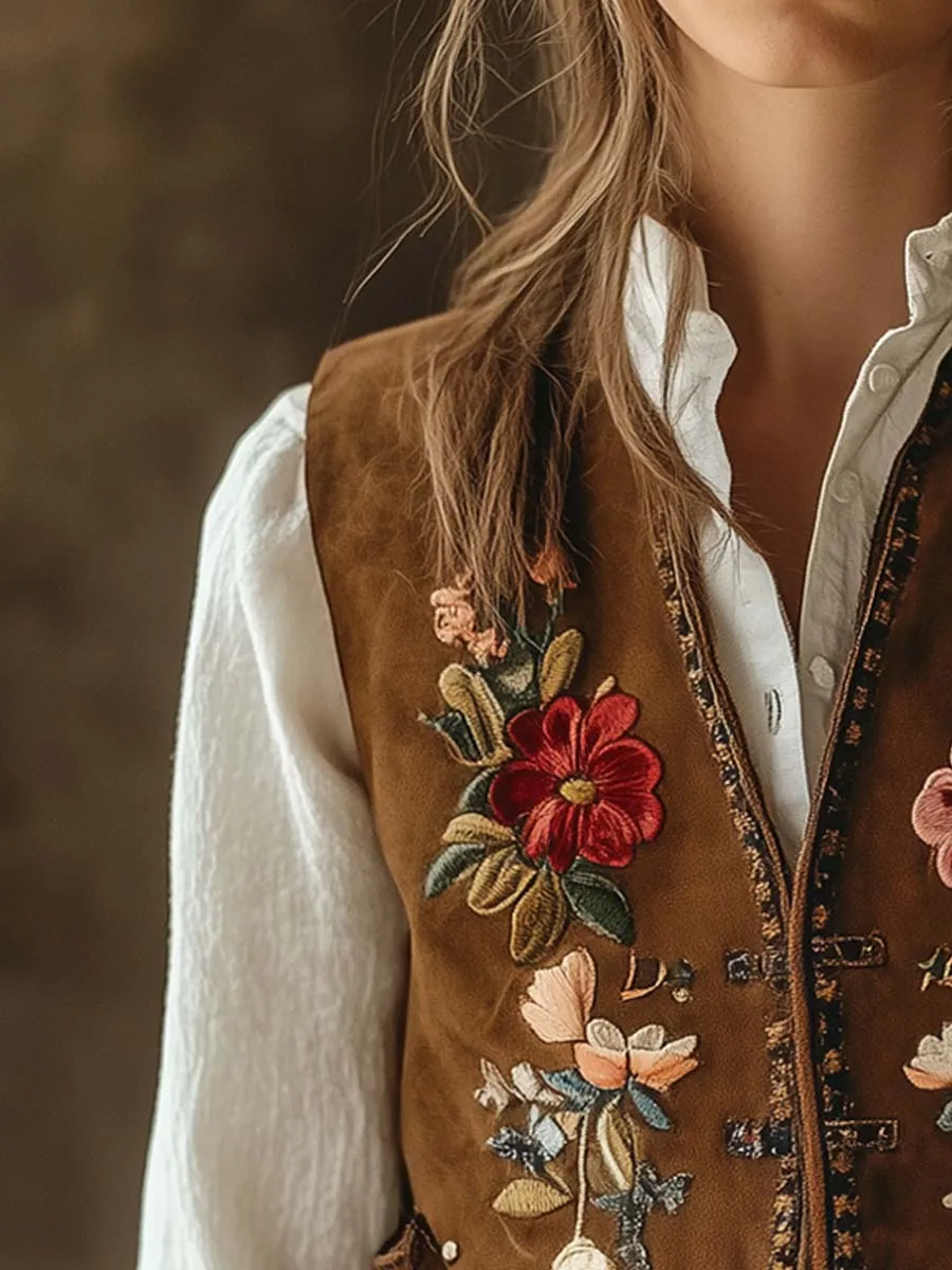 Women's Vintage Suede Floral Embroidered Vest
