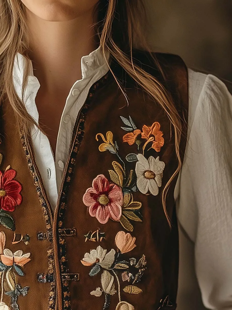 Women's Vintage Suede Floral Embroidered Vest