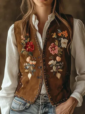 Women's Vintage Suede Floral Embroidered Vest